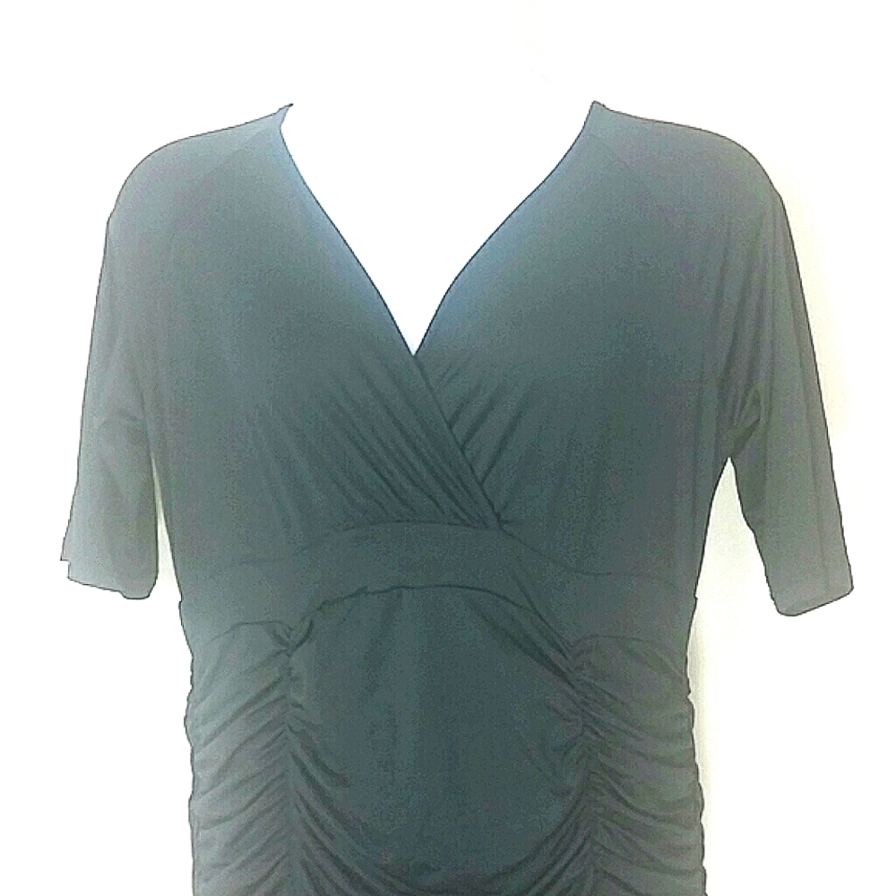 🖤 Classic Black Ruched Midi Dress Elbow Sleeve Size 1X Stretch Cocktail Formal - Picture 3 of 7